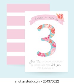 Cute 3 Year Birthday Invitation Vector with Painted Flowers