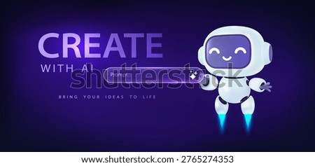 Cute 3D AI Robot Banner with Prompt Bar. AI assistant with a search engine bar for searching or generating. Artificial intelligence, 3D Friendly chat bot interacts with code, graphics or info. Vector