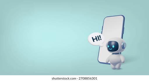 Lindo robot de IA 3D con un teléfono inteligente y burbuja de discurso Hi. Amistoso asistente virtual y concepto de chatbot para App móviles, Asistencia al cliente, tecnología y comunicación digital