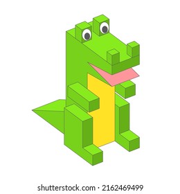 Cute 3D alligator character in pixel style on a white background.