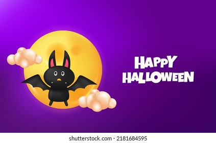 Cute 3d bat character with full moon with purple background for halloween party banner