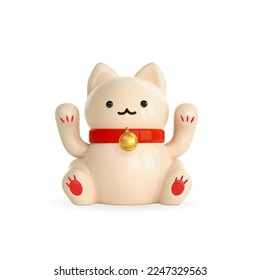 Cute 3d beckoning maneki neko. Japanese lucky cat icon. Symbol wealth,fortune, lucky. Asian design element isolated. Cartoon vector illustration svg
