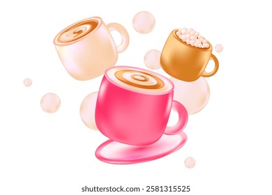 Cute 3D beige coffee cups icon isolated, transparent background. Aesthetic glowing glass or plastic texture pink mug with cappuccino cream swirl, scattered bubbles, decorative element