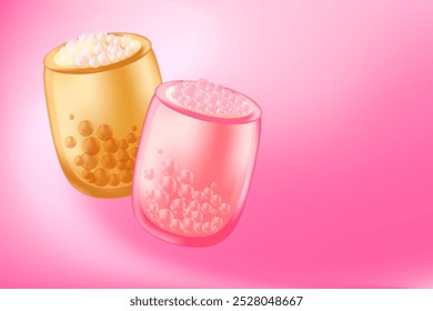 Cute 3D bubble tea cup with different flavour, pink background with copy space. Bubble strawberry milk tea backdrop with gradient texture. Great for menu, delivery price, boba drinks presentation.