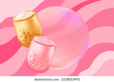 Cute 3D bubble tea cup with different flavour, pink background with copy space. Bubble strawberry milk tea backdrop with vintage wavy texture. Great for menu, delivery price, boba drinks presentation.