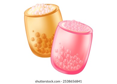 Cute 3D bubble tea cup with different flavours isolated, transparent PNG. Bubble strawberry milk tea decoration with glowing glass texture. Great for menu, delivery price, boba drinks presentation.