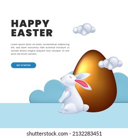 cute 3d bunny rabbit with golden egg illustration concept for greeting card happy easter day