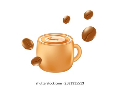 Cute 3D caramel beige coffee cup icon isolated, transparent background. Aesthetic glowing glass or plastic texture mug with cappuccino cream swirl, scattered coffee beans. Elegant decorative element