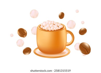 Cute 3D caramel beige coffee cup icon isolated, transparent background. Aesthetic glowing glass or plastic texture mug with cappuccino cream swirl, scattered coffee beans. Elegant decorative element