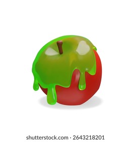 A cute 3D cartoon apple covered in green poisonous slime. Three-dimensional Halloween designs, spooky party decor, magical potions, or fantasy-themed illustrations. Scary food for October