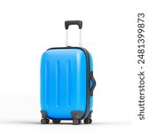 Cute 3d cartoon blue suitcase with drop shadow isolated on white background. Design element for travel, tourism or business trip concept. Graphic for ui design. Vector illustration of 3d render.