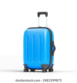 Cute 3d cartoon blue suitcase with drop shadow isolated on white background. Design element for travel, tourism or business trip concept. Graphic for ui design. Vector illustration of 3d render.