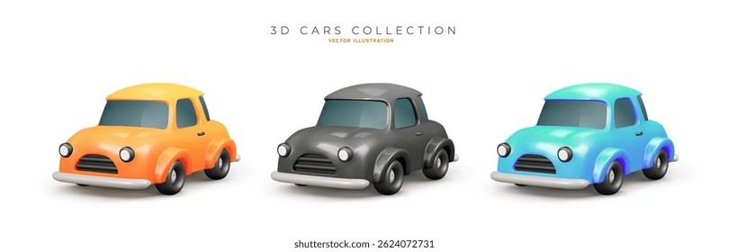 Cute 3D Cartoon Cars in Orange, Gray, and Blue with Glossy Finish, Perfect for Kids Themes, Games, and Apps. High-Quality Rendered Vector Illustration.
