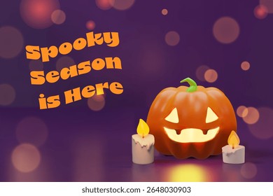 A cute 3D cartoon Halloween scene with a smiling pumpkin jack-o lantern, two glowing candles, and floating magical bokeh lights. Halloween greetings, seasonal promotions, and autumn-themed visuals.