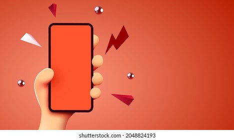 Cute 3D cartoon hand holding mobile smart phone. Modern mockup. Vector illustration