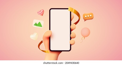 Cute 3D Cartoon Hand Holding Mobile Smart Phone. Modern Mockup. Vector Illustration