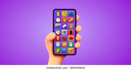 Cute 3D cartoon hand holding mobile smart phone. Modern mockup. Vector illustration