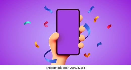 Cute 3D cartoon hand holding mobile smart phone with celebratory confetti flying around. Winner concept. Modern mockup. Vector illustration - Shutterstock ID 2050082558