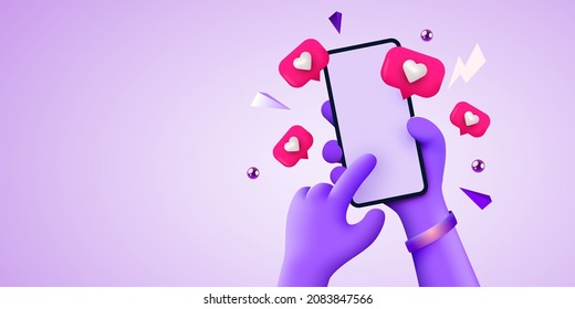 Cute 3D cartoon hand holding mobile smartphone with Likes notification icons. Social media and marketing concept. Vector illustration