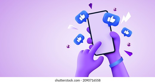 Cute 3D cartoon hand holding mobile smartphone with Likes notification icons. Social media and marketing concept. Vector illustration