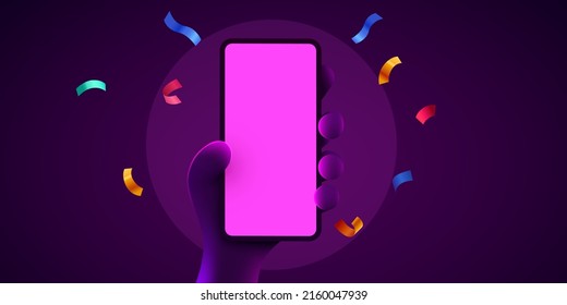 Cute 3D cartoon hand holding mobile smart phone with celebratory confetti flying around. Winner concept. Modern mockup. Vector illustration