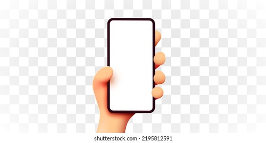 Cute 3D Cartoon Hand Holding Mobile Smart Phone. Transparent Background. Modern Mockup. Vector Illustration