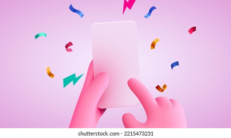 Cute 3D cartoon hand holding mobile smart phone with celebratory confetti flying around. Winner concept. Modern mockup. Vector illustration