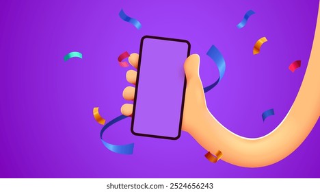 Cute 3D cartoon hand holding mobile smart phone with celebratory confetti flying around. Winner concept. Modern mockup. Vector illustration