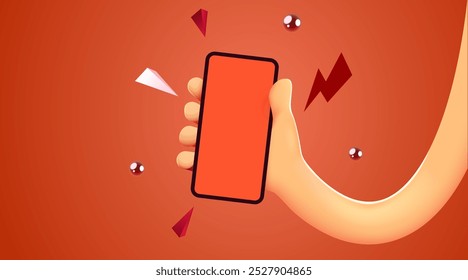 Cute 3D cartoon hand holding mobile smart phone. Modern mockup. Vector illustration