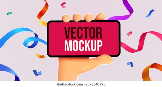 Cute 3D cartoon hand holding mobile smart phone with celebratory confetti flying around. Winner concept. Modern mockup. Vector illustration