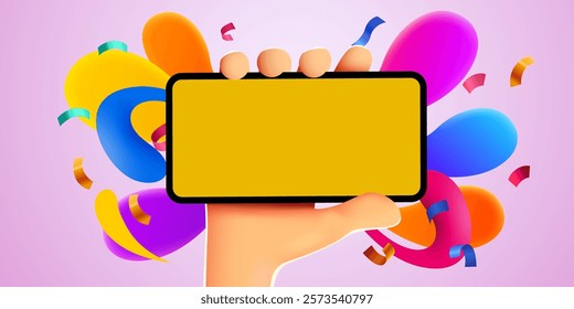 Cute 3D cartoon hand holding mobile smart phone. Phone mockup. Color explosion. Touching screen with finger. Vector illustration