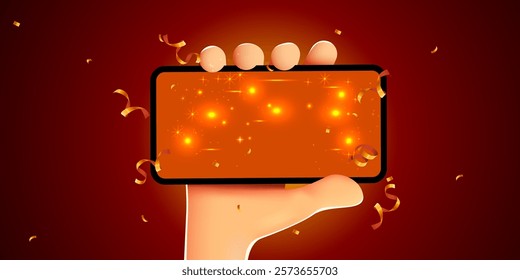 Cute 3D cartoon hand holding mobile smart phone with celebratory confetti flying around. Winner concept. Modern mockup. Vector illustration