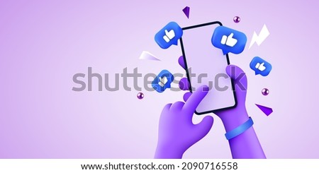 Cute 3D cartoon hand holding mobile smartphone with Likes notification icons. Social media and marketing concept. Vector illustration
