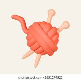 Cute 3D cartoon illustration of yarn ball with two knitting needles, isolated on light background, playful and minimal.