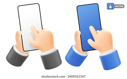 Cute 3d cartoon realistic hands holding smartphone and touching screen with forefinger. Isolated on white background. Mockup, social media, shopping online concept. Vector illustration