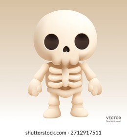 cute 3D cartoon skeleton character in a soft  style, designed as a playful Halloween concept illustration suitable for digital art, stickers, and character design vector gradient mesh