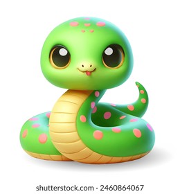 Linda serpiente de dibujos animados en 3D, símbolo del año nuevo, signo del zodiaco. Serpiente tridimensional con manchas rosas sobre fondo blanco