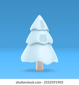 Cute 3d cartoon snowy Christmas tree on blue background. Christmas and new year design element in pale blue color. For festive greeting cards, smm, holiday ads. 3d render vector illustration.