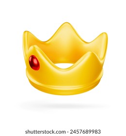 Cute 3d cartoon style royal golden crown with red gem isolated on white background. Royal insignia. Design element for regal, luxury, or fantasy concepts. Vector illustration of 3d render.