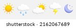 Cute 3d cartoon weather icons set. Sun, moon, star, lightning, cloud, rain drops. Vector illustration.