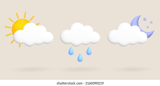 Cute 3d cartoon weather icons set. Sun, moon, cloud, rain, rain drop. Vector illustration.