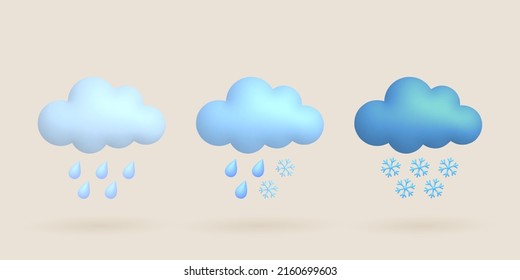 Cute 3d cartoon weather icons set. Cloud, rain, snow, rain drop, snowflake. Vector illustration.