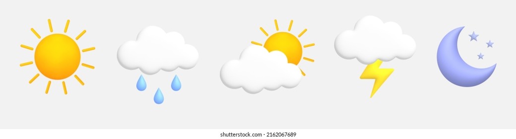 Cute 3d cartoon weather icons set. Sun, moon, star, lightning, cloud, rain drops. Vector illustration.