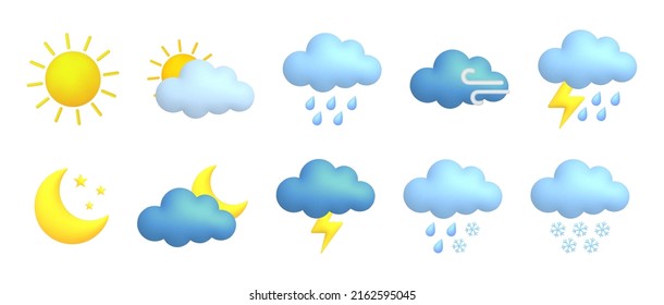 Cute 3D Cartoon Wettersymbole gesetzt. Sonne, Mond, Stern, Blitz, Wolke, Regen, Schnee, Wind, Gewitter. Vektorgrafik.