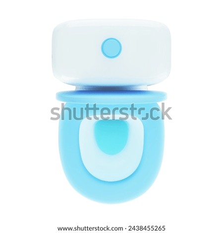 Cute 3d cartoon white ceramic toilet bowl with water tank and opened blue lid of seat isolated on white background top view. Design Element for Hygiene Concept. Vector illustration of 3d render.