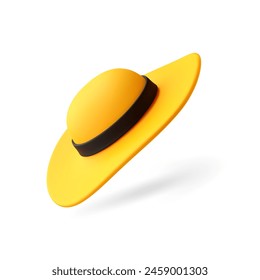 Cute 3d cartoon women's hat in yellow color with black ribbon and wide brim isolated on white background. Vibrant summer accessory. Design element for fashion or travel concept. Vector illustration.