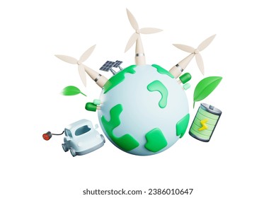 Cute 3D cartoon. A world with car batteries and clean energy. Energy and environment concept 3D rendering 3D illustration