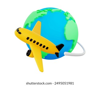 Cute 3d cartoon yellow airplane flying around planet Earth. Isolated on white background. Concept of world travel. Design element for travel agency. Vector illustration of 3d render.