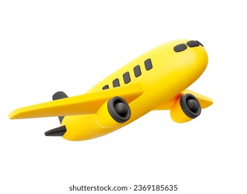 Cute 3D Cartoon Yellow and Black Taking off Airplane Isolated on White Background. For Travel Advertise, Ticket Booking Service or Air Transportation Concept. Vector Illustration of 3D Render.