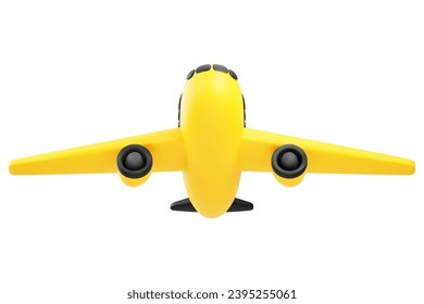 Cute 3D Cartoon Yellow and Black Taking off Airplane Isolated on White Background View from Below. For Travel Advertise or Commercial Aviation Concept. Vector Illustration of 3D Render.